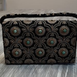 Black velvet brocade clutch w/sequins and stones